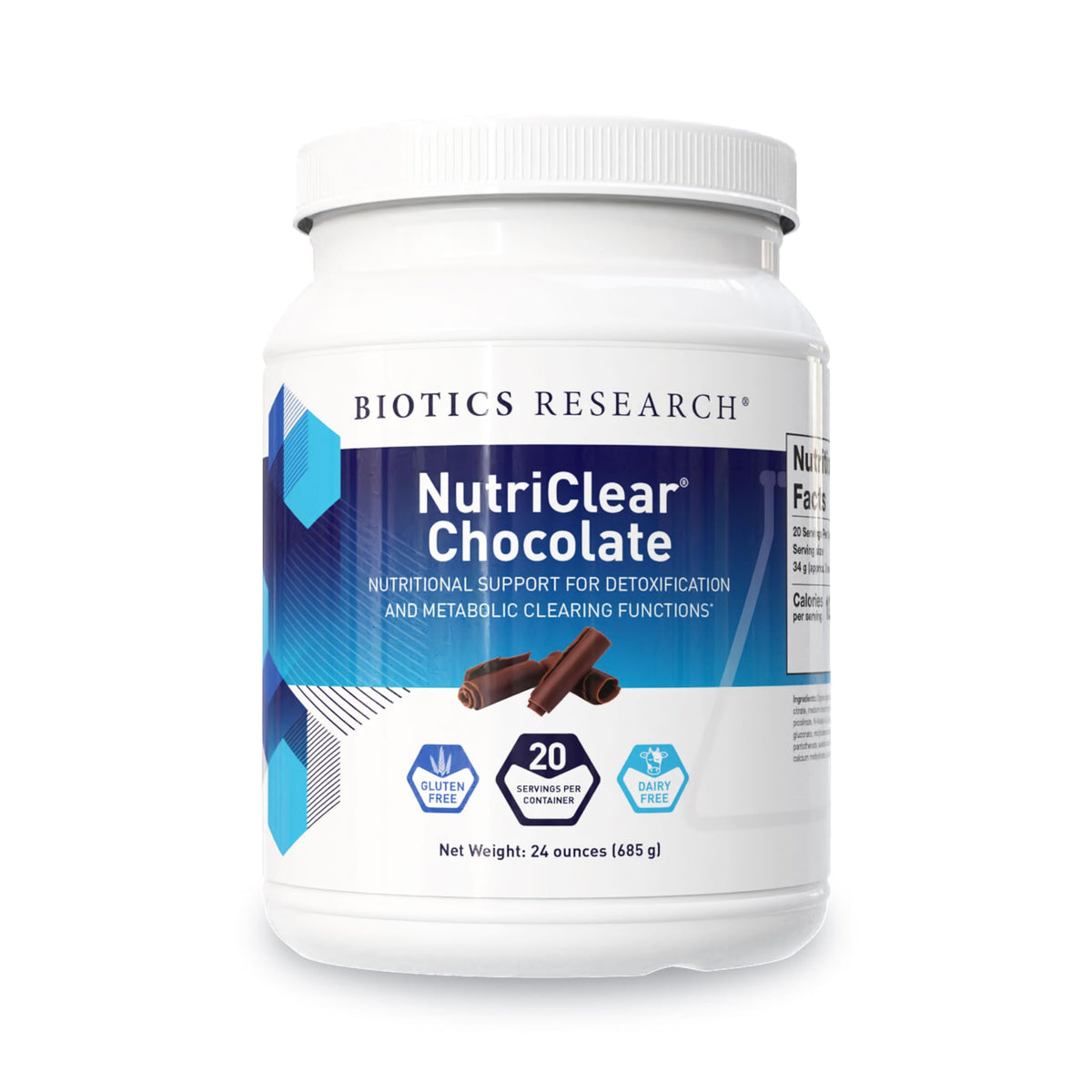 Biotics Research NutriClear Chocolate powder bottle for detox support.