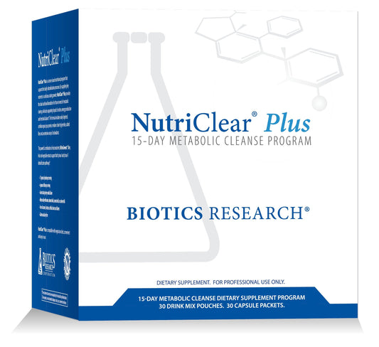 Biotics Research NutriClear Plus detox packets for a guided metabolic cleanse.