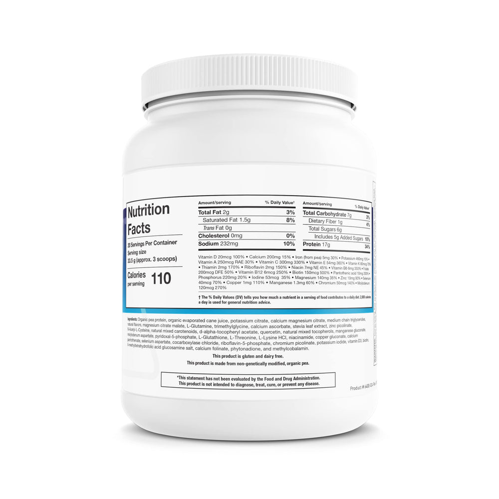 NutriClear powder tub back shows ingredients supporting liver detox pathways.