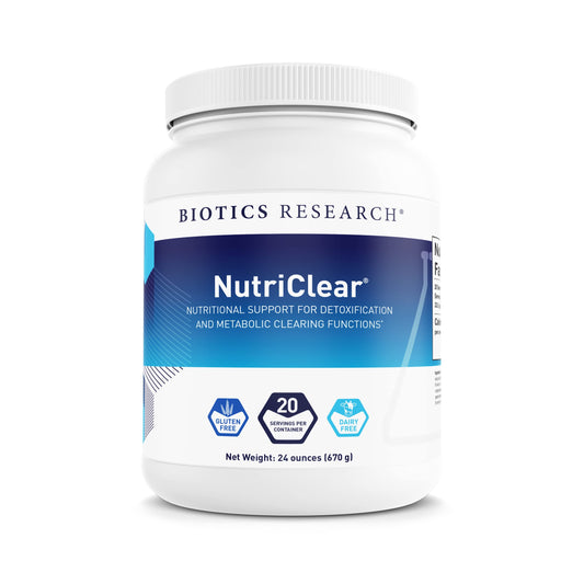 Biotics Research NutriClear powder tub front for detox support and daily wellness.