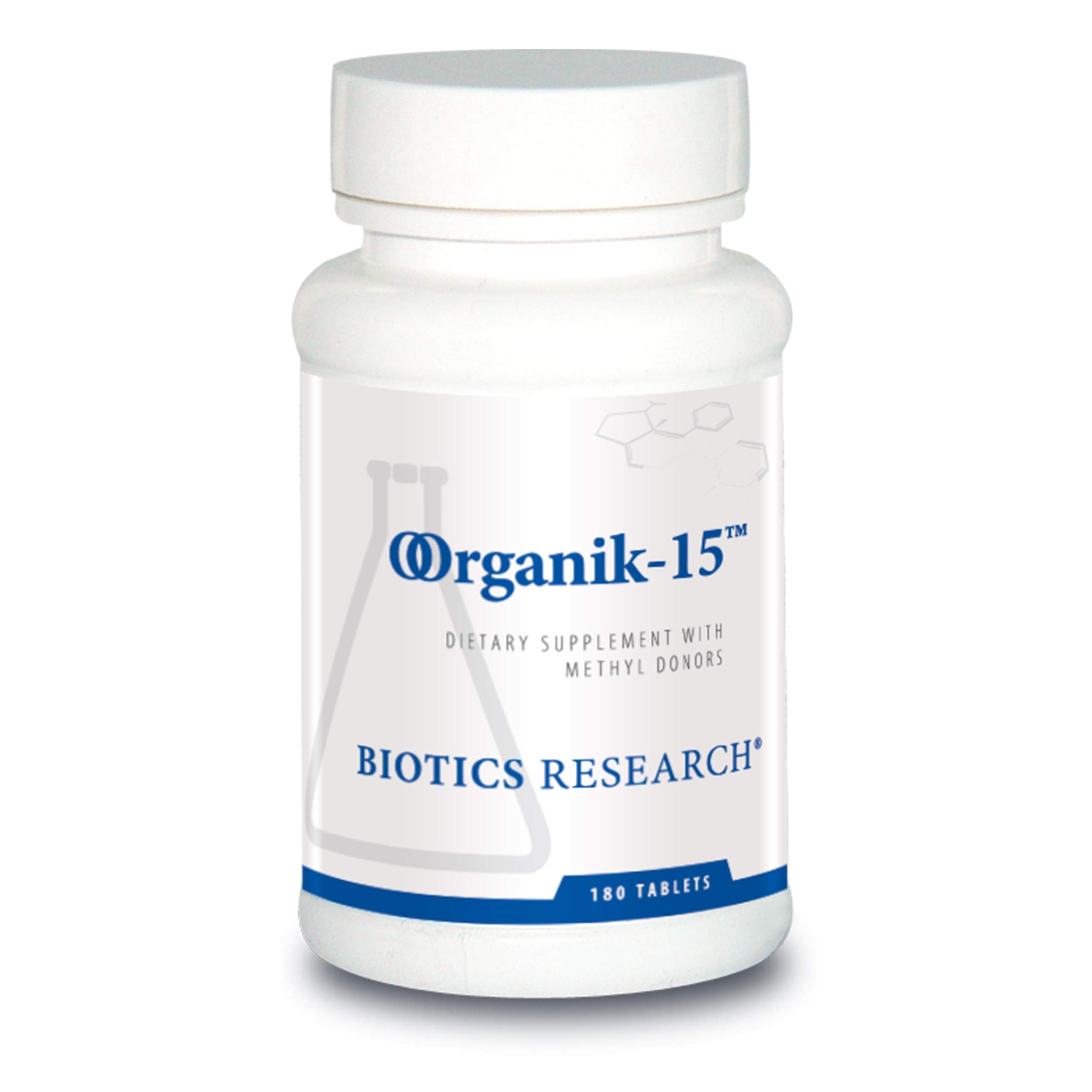 Biotics Research Organik-15 bottle front showing natural methyl donor formula for energy support.