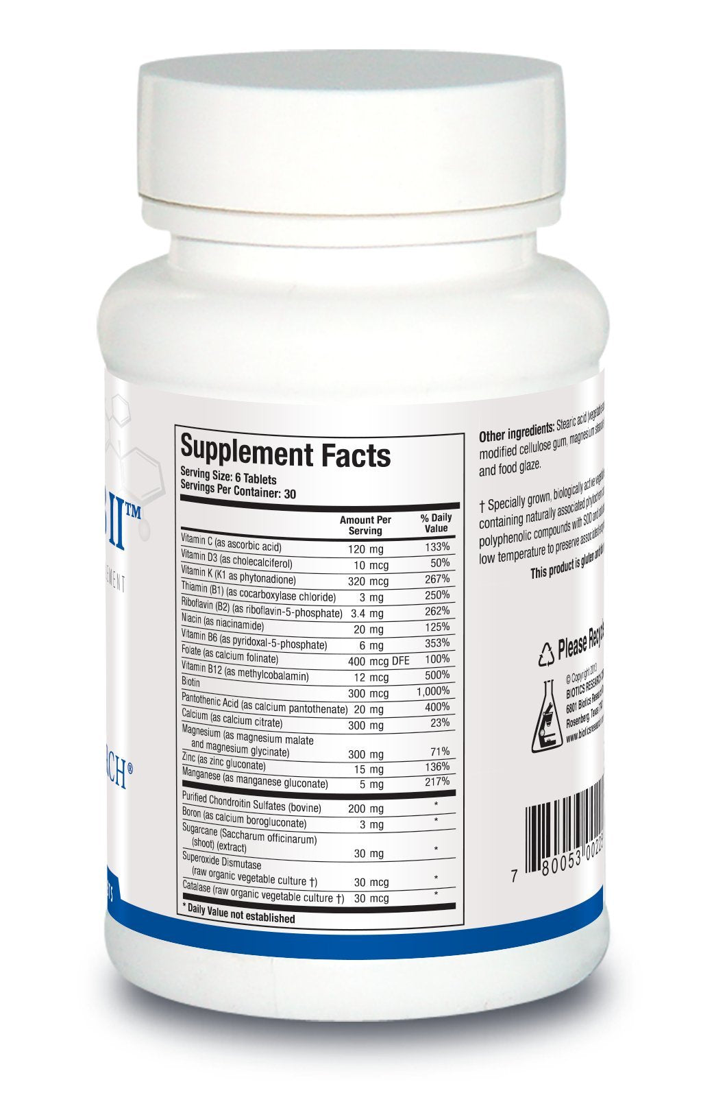 Biotics Research Osteo B II label highlights nutrients for skeletal support