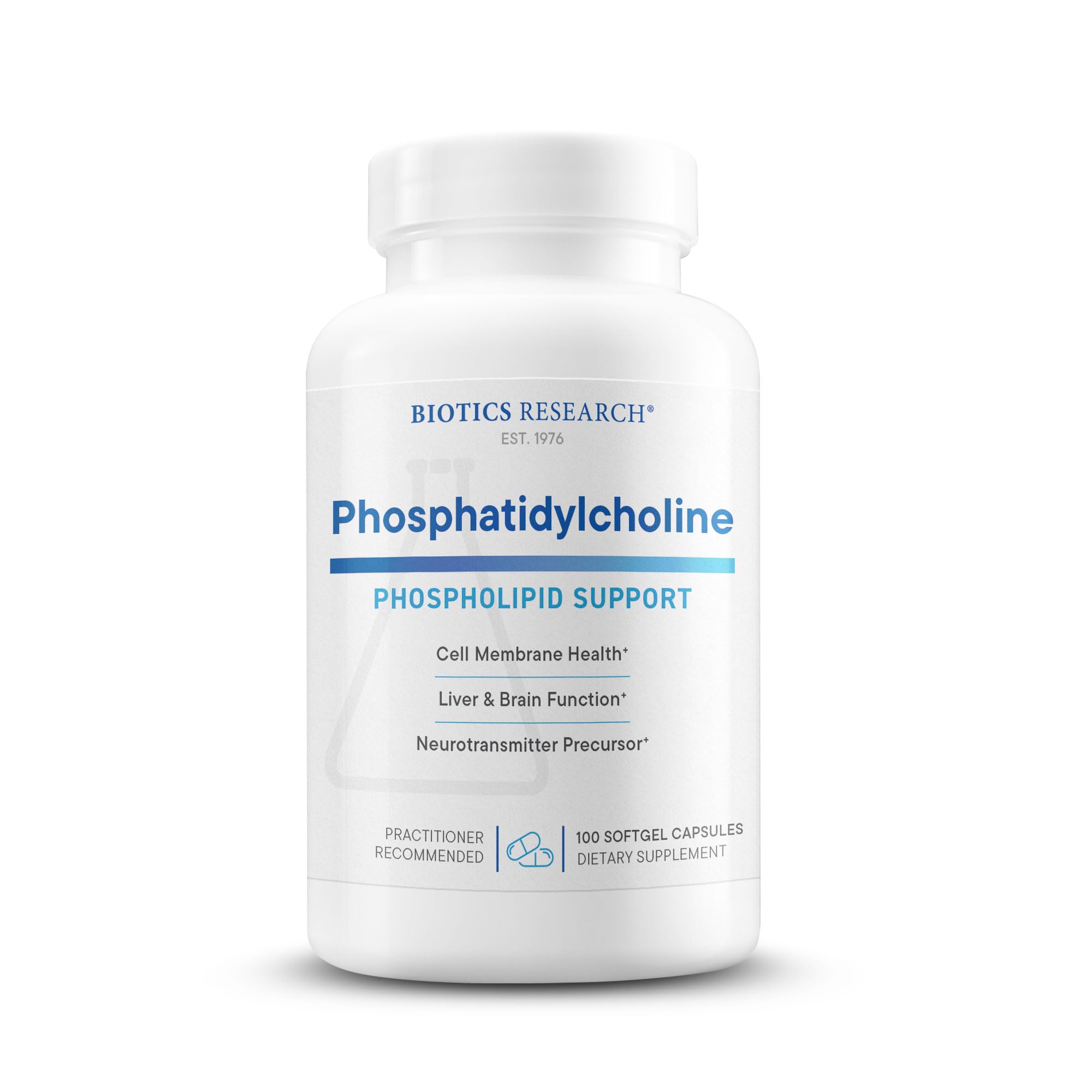 Biotics Research phosphatidylcholine softgels bottle labeled 420 mg, supporting cognitive health.
