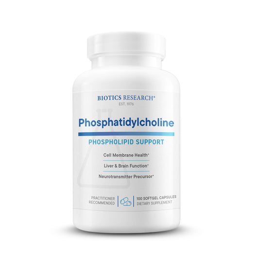 Biotics Research phosphatidylcholine softgels bottle labeled 420 mg, supporting cognitive health.