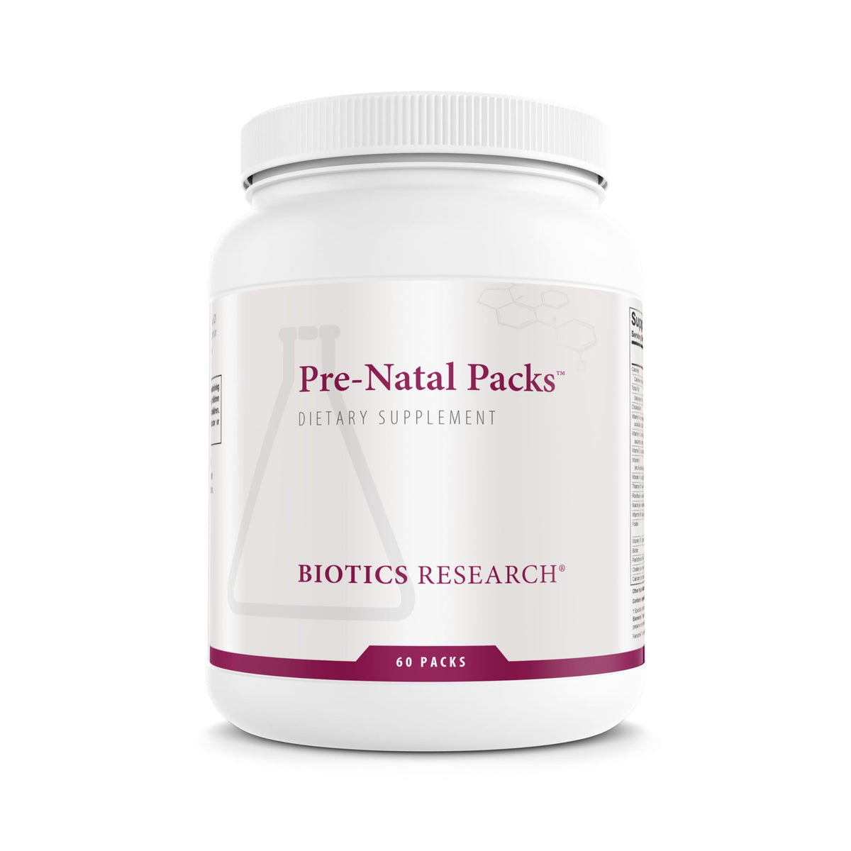Biotics Research Pre-Natal Packs bottle front shows comprehensive prenatal nourishment.