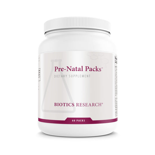 Biotics Research Pre-Natal Packs bottle front shows comprehensive prenatal nourishment.