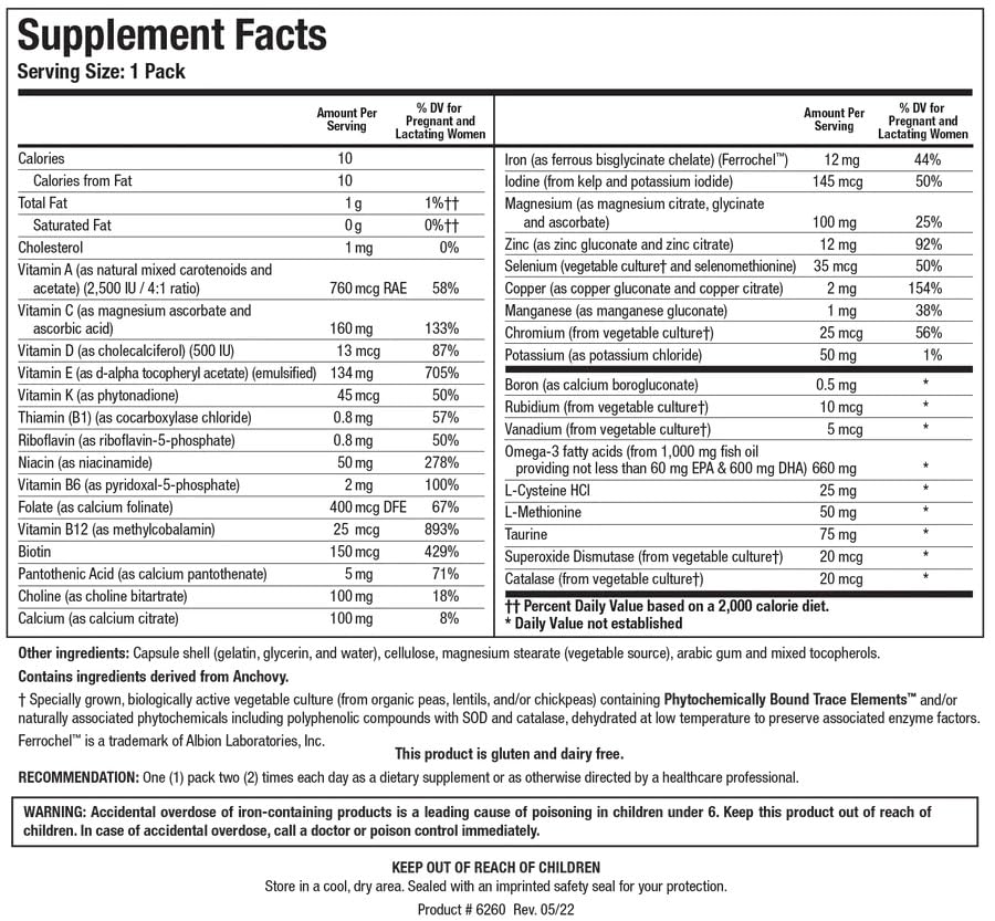 Biotics Research Pre-Natal Packs nutrition panel details key vitamin levels.
