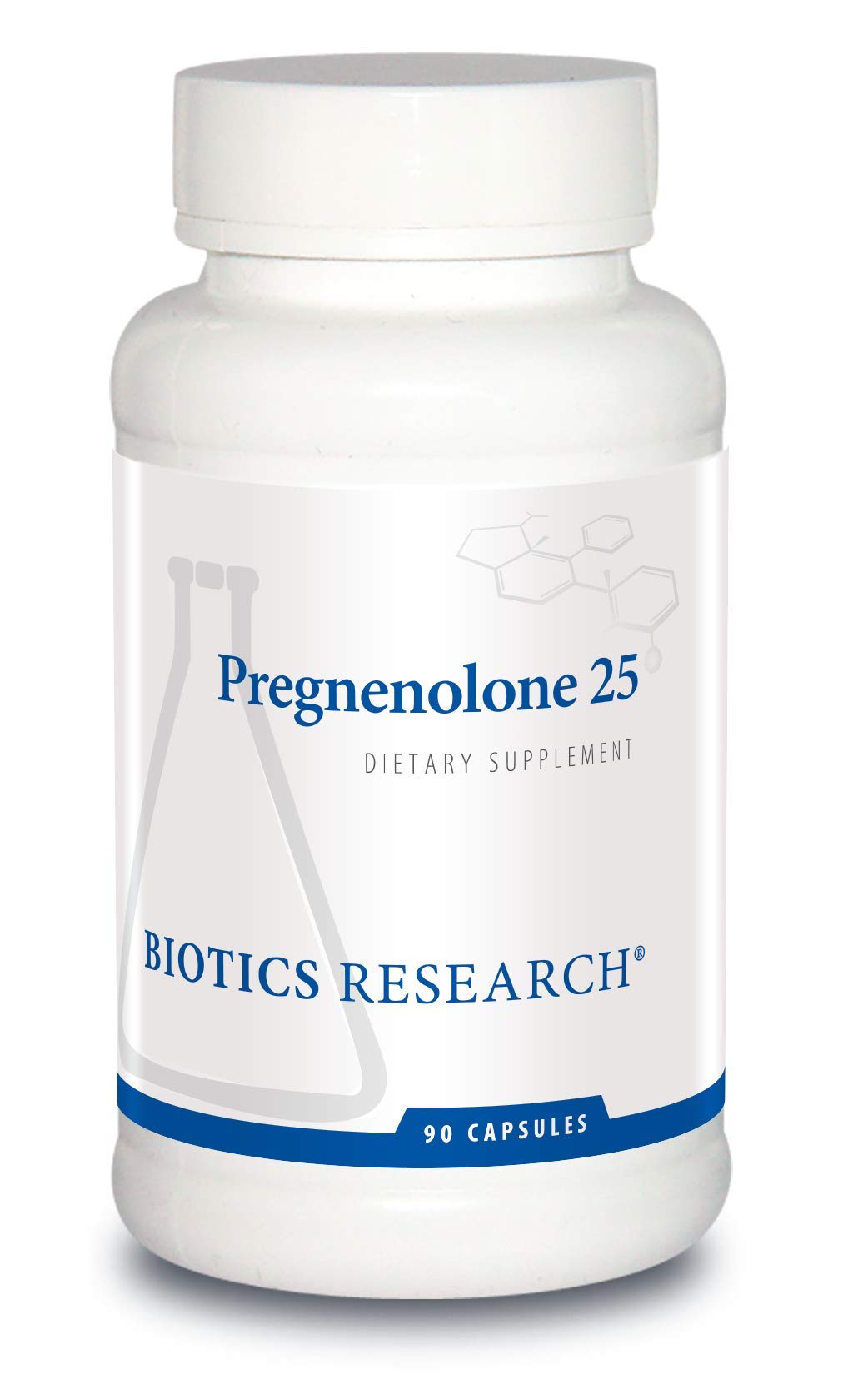 Biotics Research Pregnenolone bottle with 90 capsules, potential hormonal balance support.
