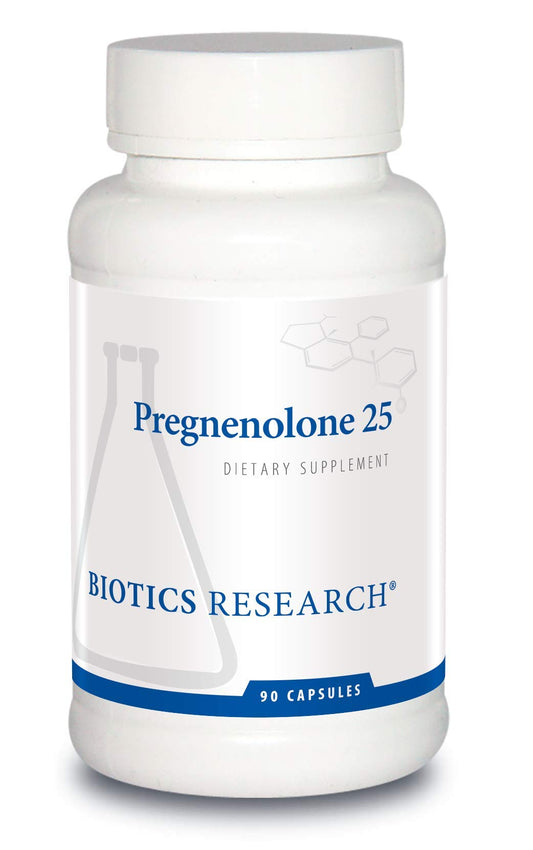 Biotics Research Pregnenolone bottle with 90 capsules, potential hormonal balance support.