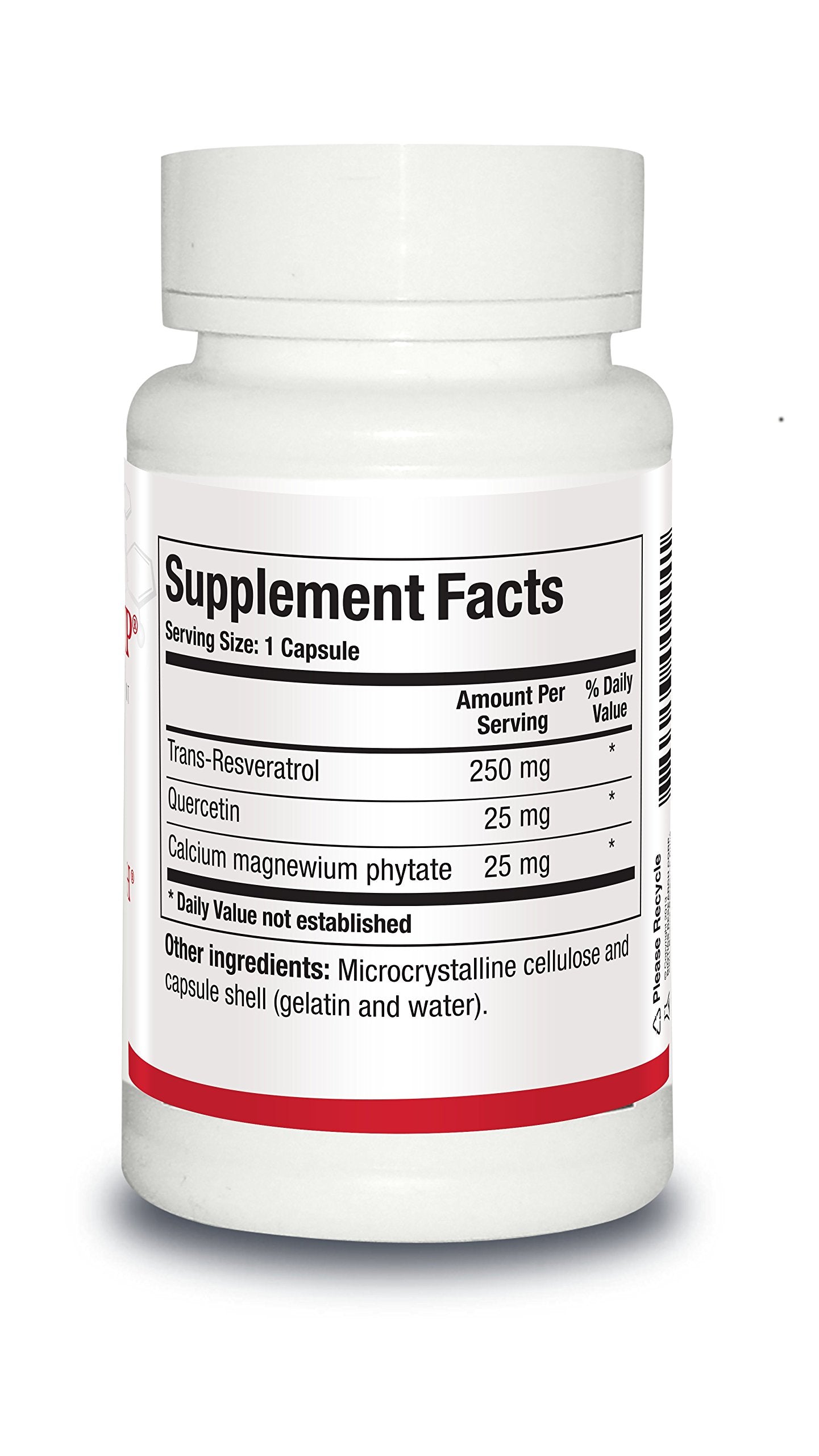ResveraSirt HP pill closeup shows trans-resveratrol and quercetin blend for antioxidant support.