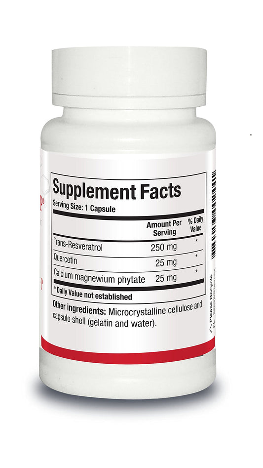 ResveraSirt HP pill closeup shows trans-resveratrol and quercetin blend for antioxidant support.
