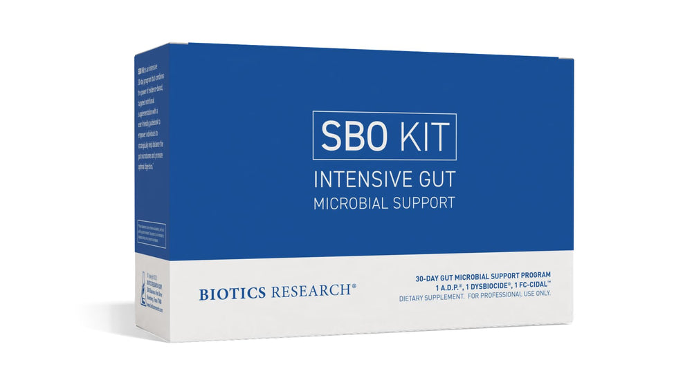 Biotics Research SBO Kit bottle pouring for easy daily intestinal support.