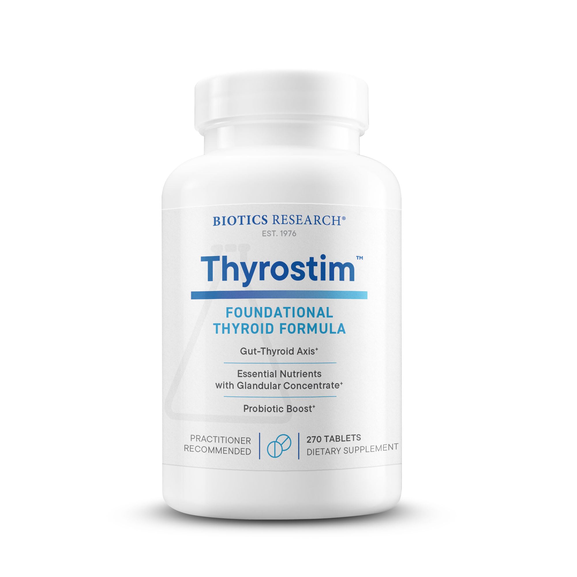 Biotics Research Thyrostim bottle with tablets signaling thyroid balance and metabolism