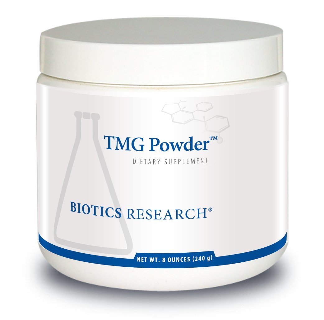 Biotics Research TMG powder bottle for vascular support and detox pathways.
