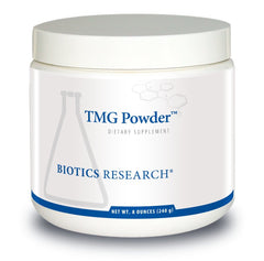 Biotics Research TMG powder bottle for vascular support and detox pathways.