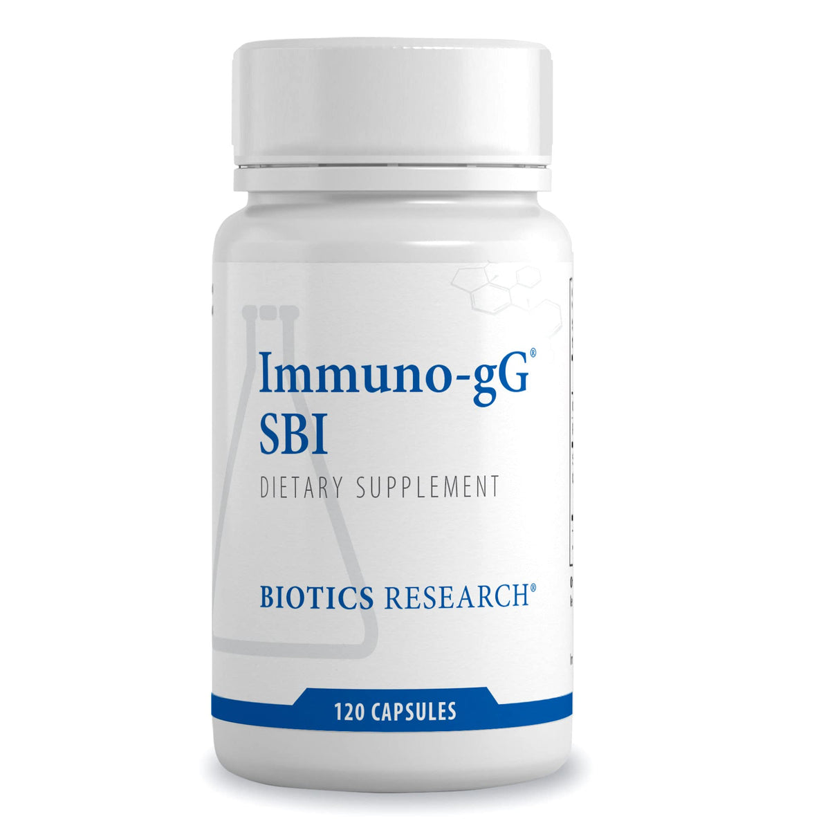 Biotics Research Ultimate Immuno-gG SBI bottle shows a dairy-free formulation for digestive support.