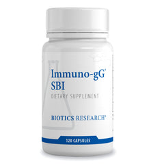 Biotics Research Ultimate Immuno-gG SBI bottle shows a dairy-free formulation for digestive support.