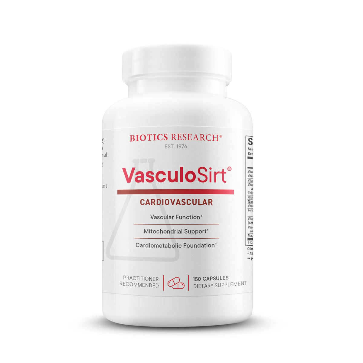 Biotics Research VasculoSirt bottle label highlighting cardiovascular support and nutrient blend