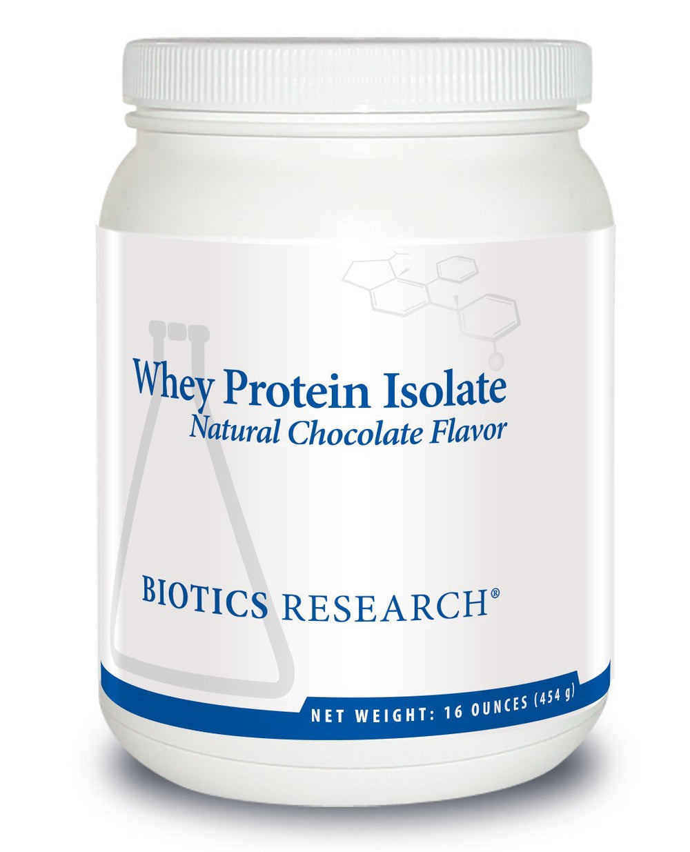 Biotics Whey Protein Isolate chocolate front label highlights pure protein for muscle support.