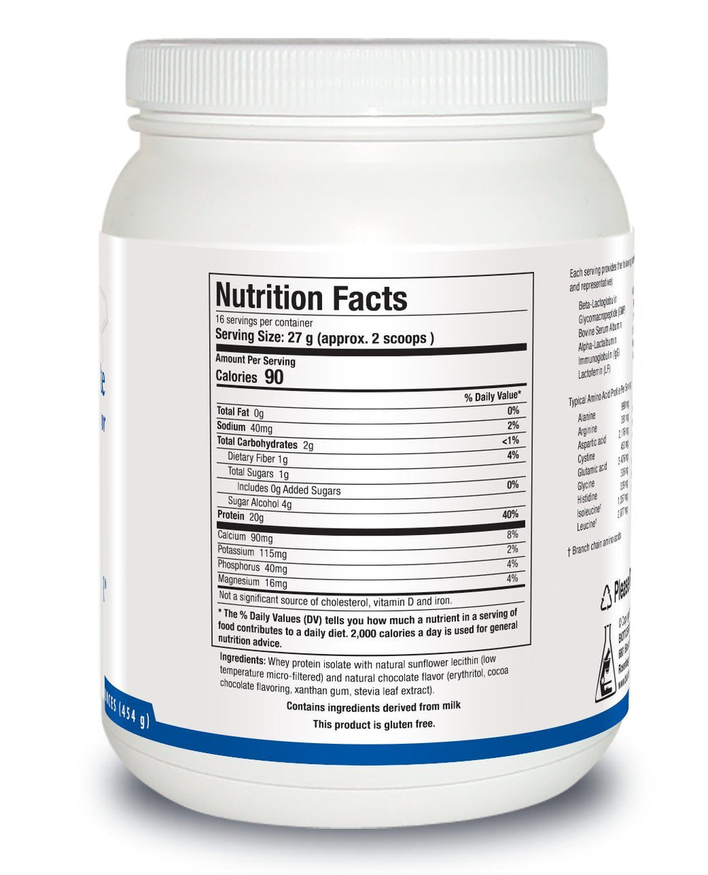 Biotics Whey Protein Isolate chocolate scoop shows convenient 20 g protein per serving.