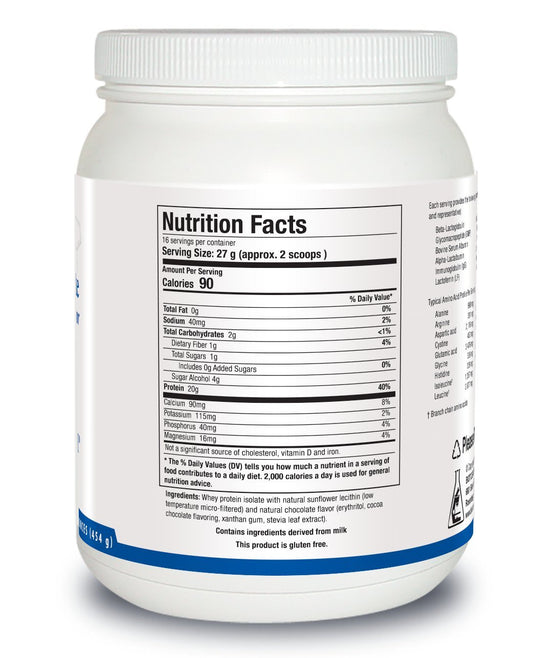 Biotics Whey Protein Isolate chocolate scoop shows convenient 20 g protein per serving.
