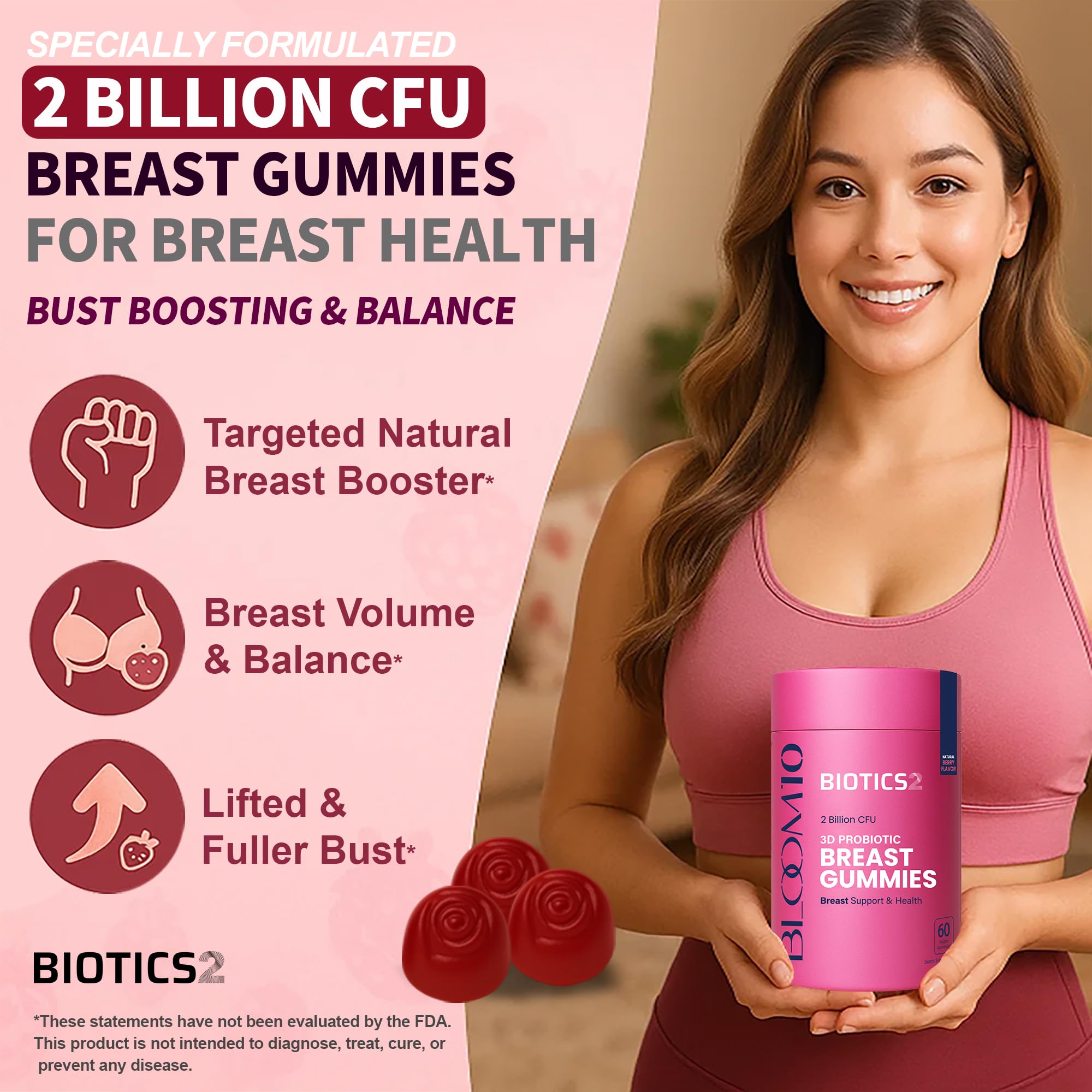 Biotics2 Bloom10 bottle side shows label with potency and key ingredients