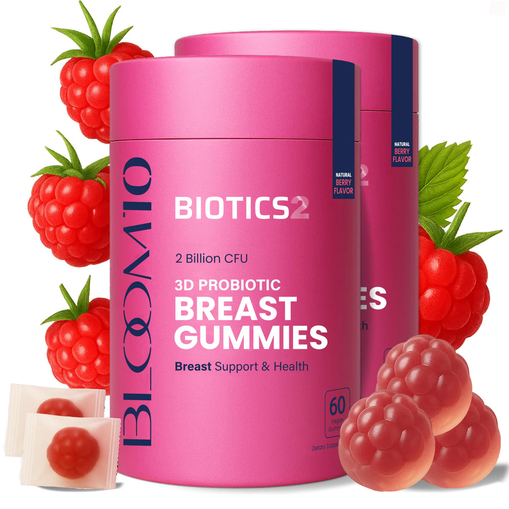 Biotics2 Bloom10 gummies bottle shown for convenient daily bust-support.