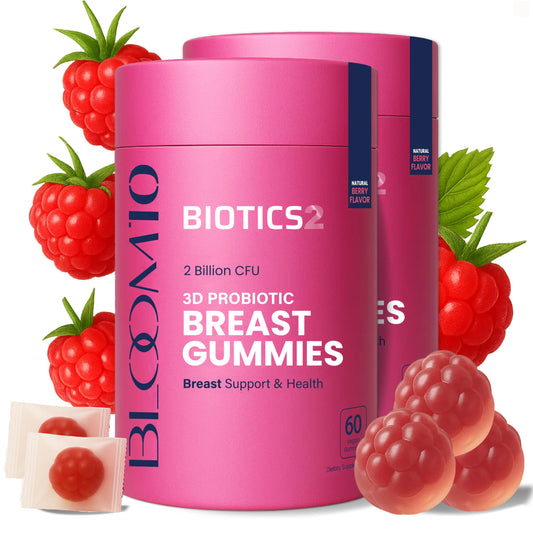 Biotics2 Bloom10 gummies bottle shown for convenient daily bust-support.