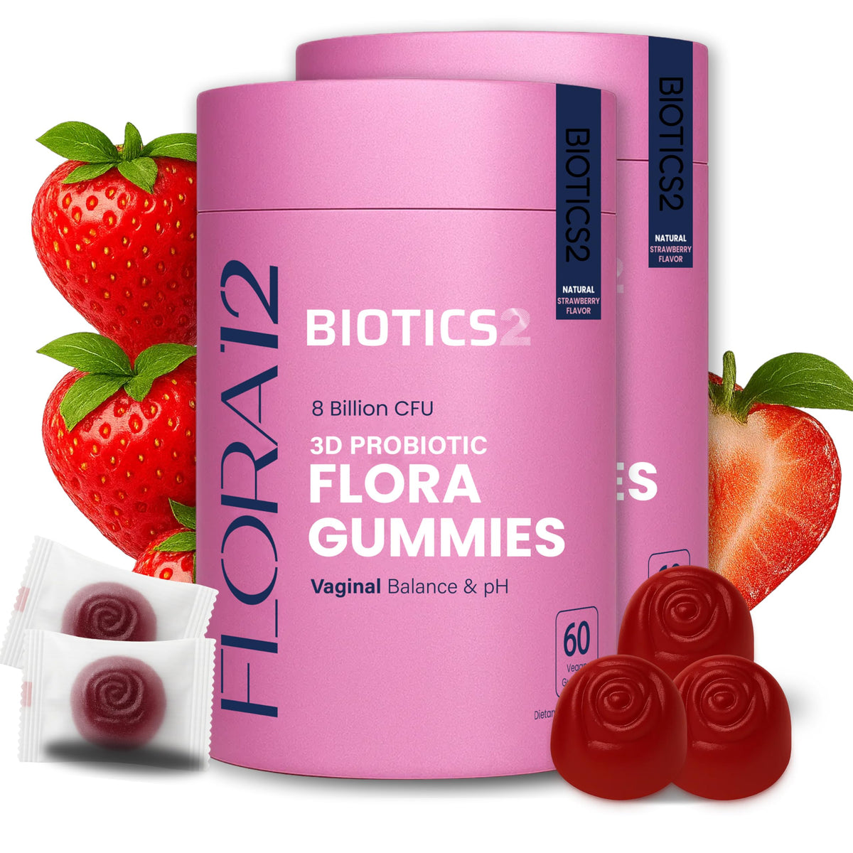 Biotics2 Flora12 bottle front with vegan gummies for daily probiotic support.