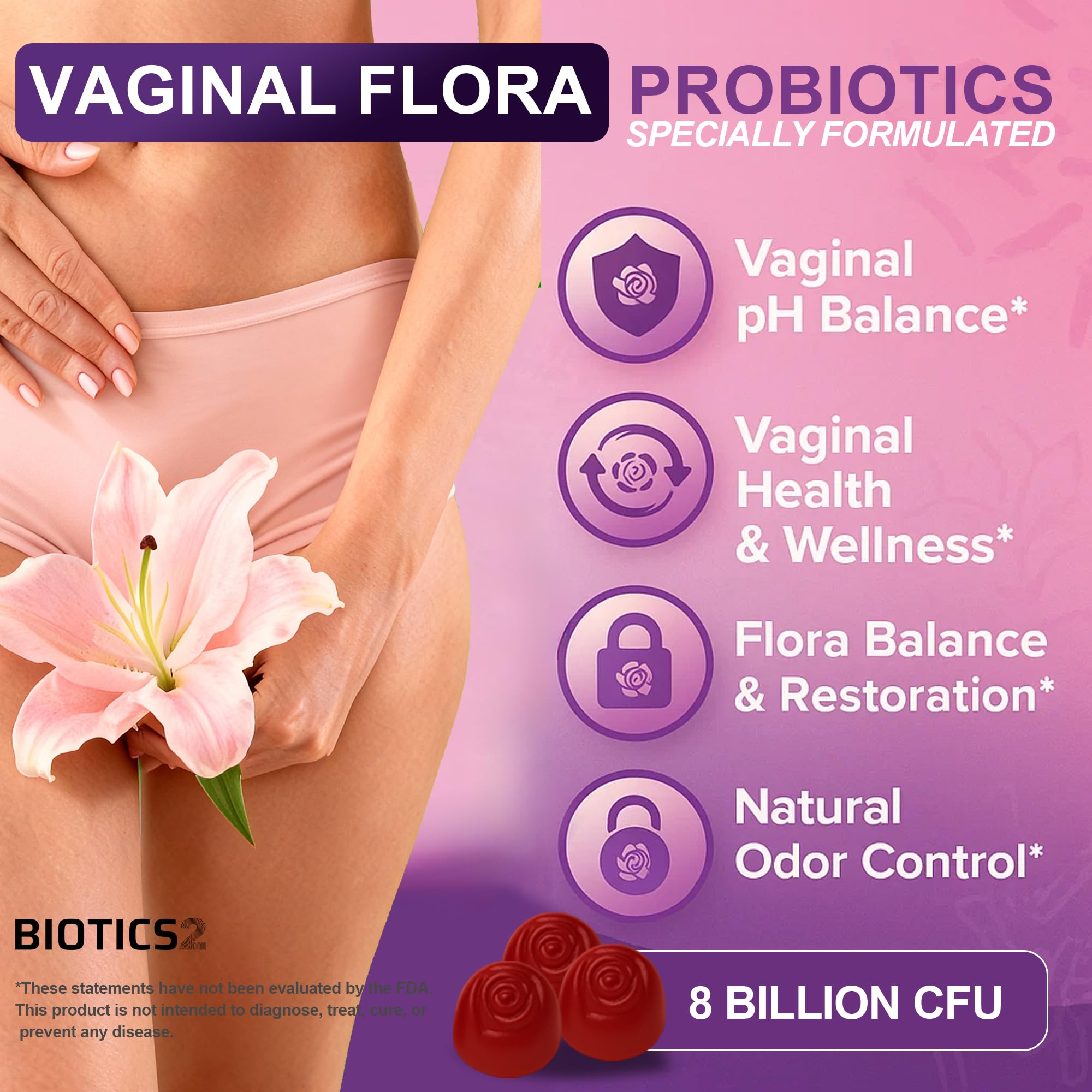Biotics2 Flora12 strawberry gummies close-up highlighting natural flavor and sugar-free formula.