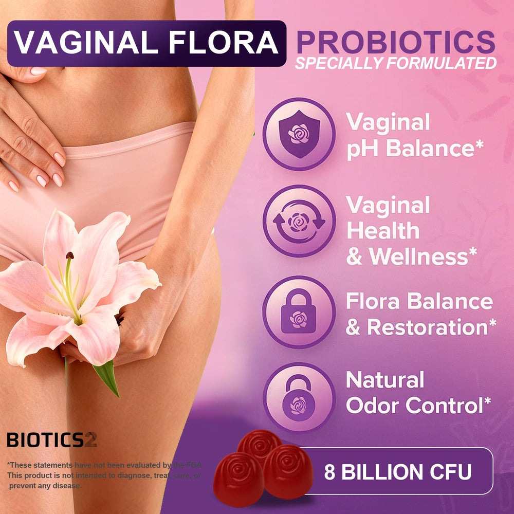 Biotics2 Flora12 strawberry gummies close-up highlighting natural flavor and sugar-free formula.