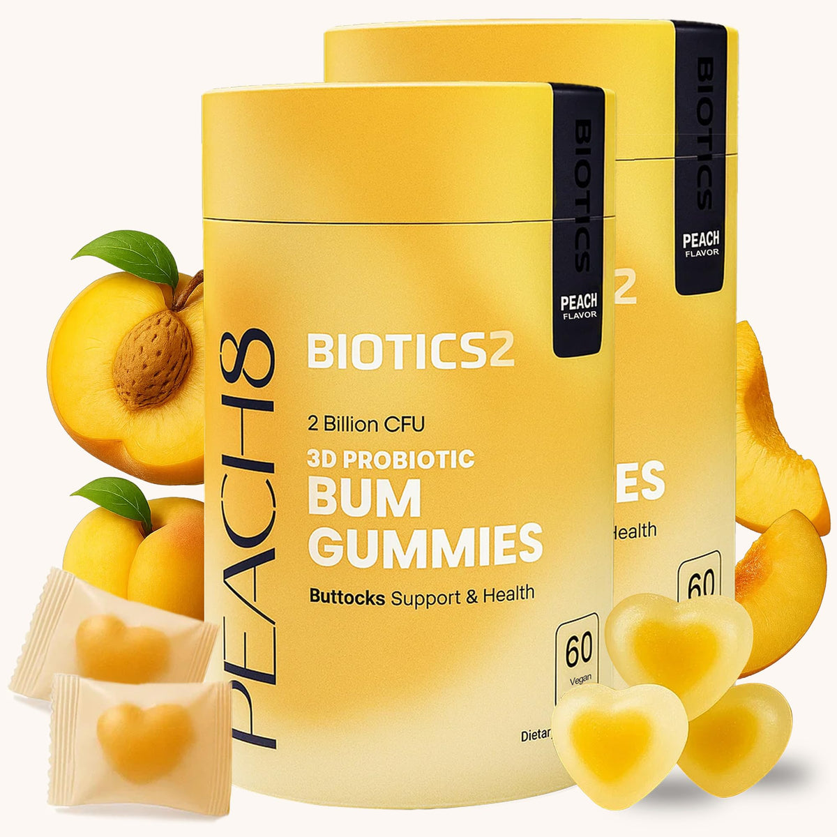 Biotics2 Peach8 BBL gummies bottle front showing vegan sugar-free daily curve support