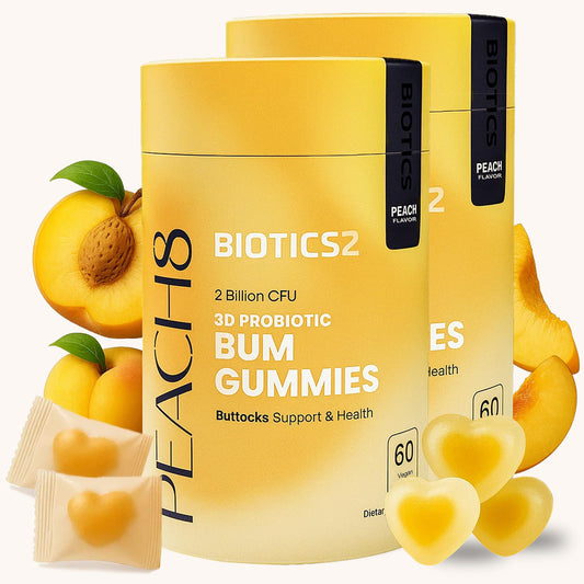 Biotics2 Peach8 BBL gummies bottle front showing vegan sugar-free daily curve support
