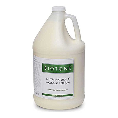 BIOTONE Nutri-Naturals massage lotion gallon pour offers smooth glide and deep hydration.