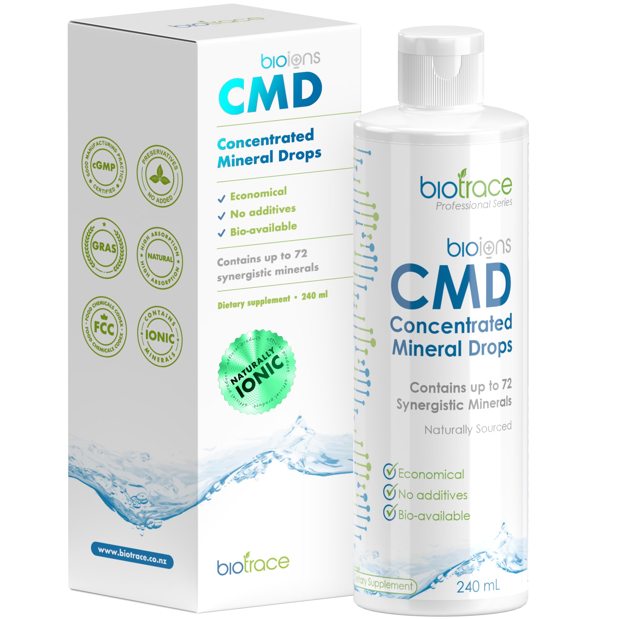 BioTrace Dead Sea Mineral Drops bottle highlighting a rich mineral blend for daily hydration.
