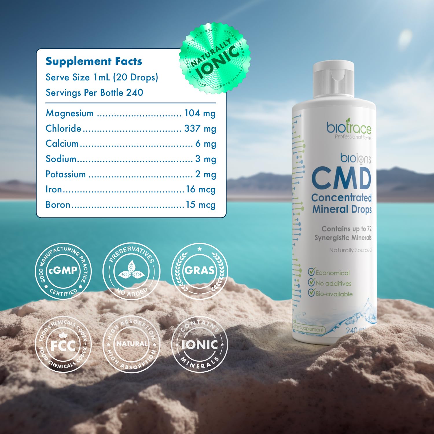 BioTrace Dead Sea Mineral Drops packaging conveys 8 fl oz size and 96 day supply.