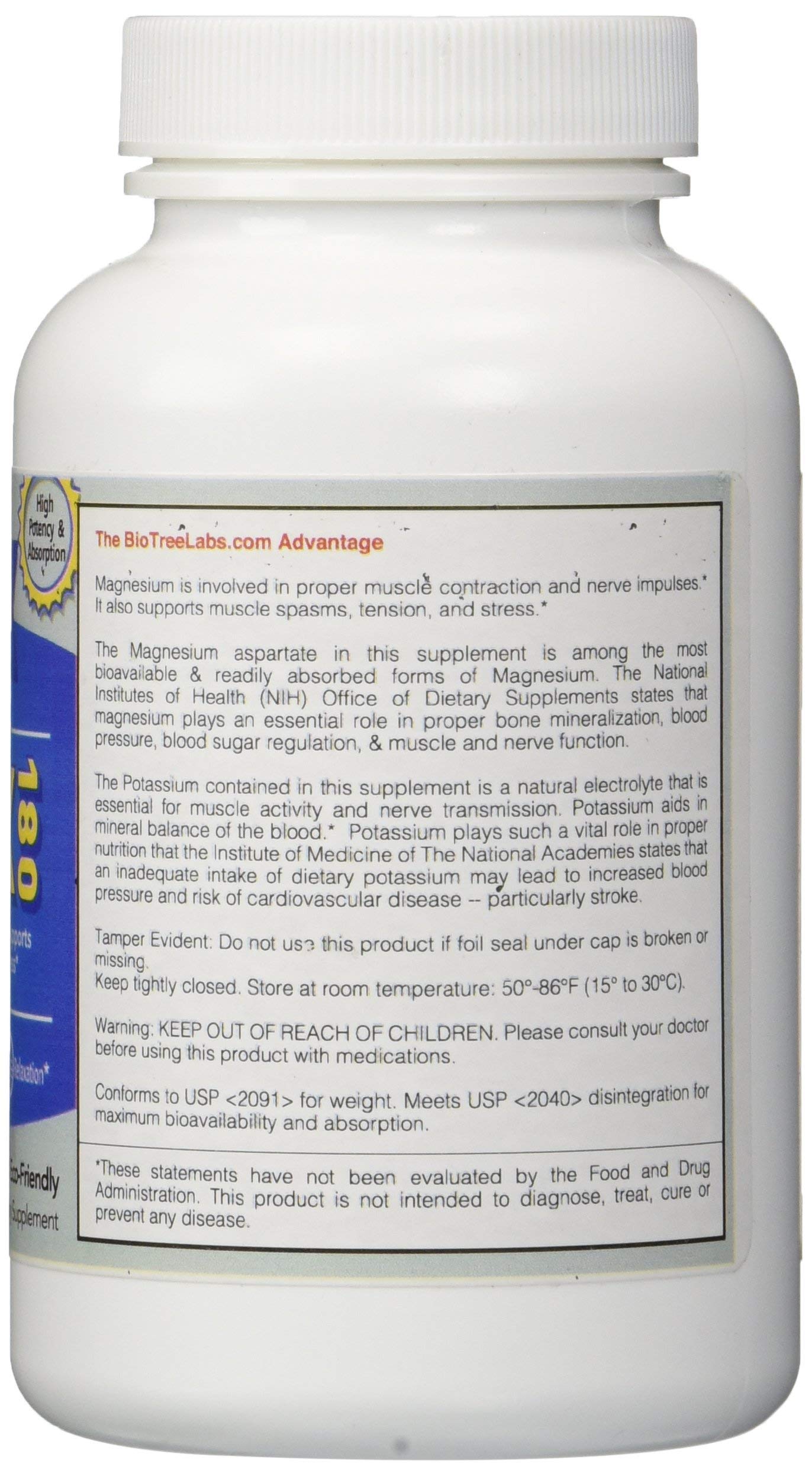 BioTree Labs Relax 180 bottle-side highlights magnesium and potassium for daily muscle function.