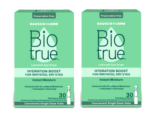 Biotrue Hydration Boost Eye Drops packaging with single-dose vials, preservative-free