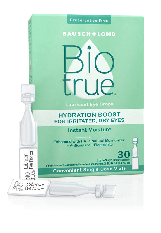 Biotrue Hydration Boost eye drops single-dose vial close-up for sterile, convenient use