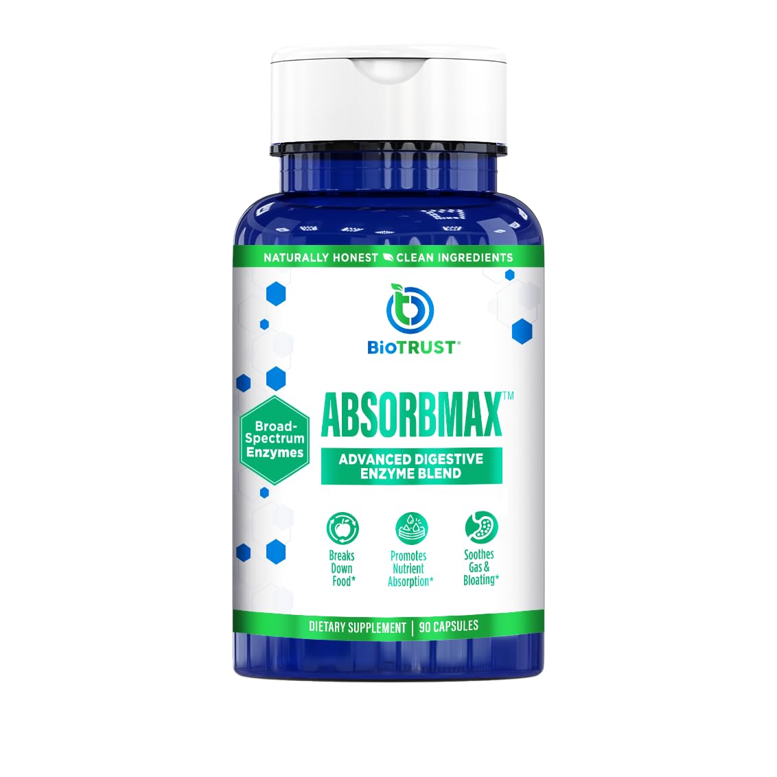 BioTrust AbsorbMax bottle front label highlighting broad-spectrum enzymes for digestion after meals.