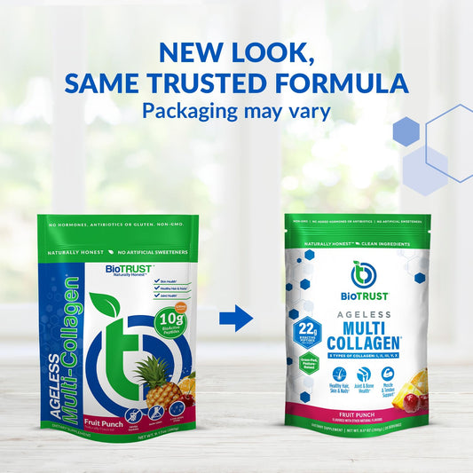 BioTrust Ageless Multi Collagen Fruit Punch scoop dissolves easily in beverages for quick daily use.