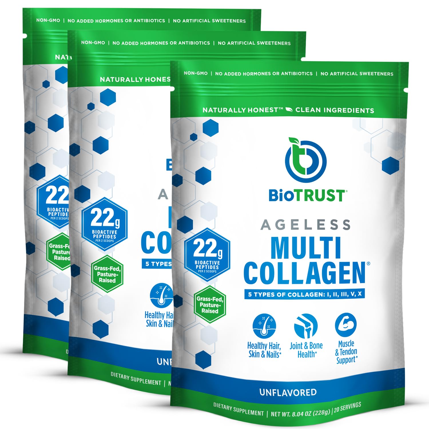 BioTrust Ageless Multi Collagen bottle on kitchen counter supports healthy hair, skin and nails.