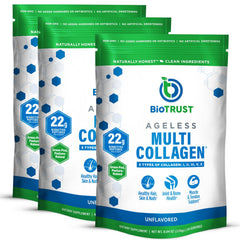 BioTrust Ageless Multi Collagen bottle on kitchen counter supports healthy hair, skin and nails.