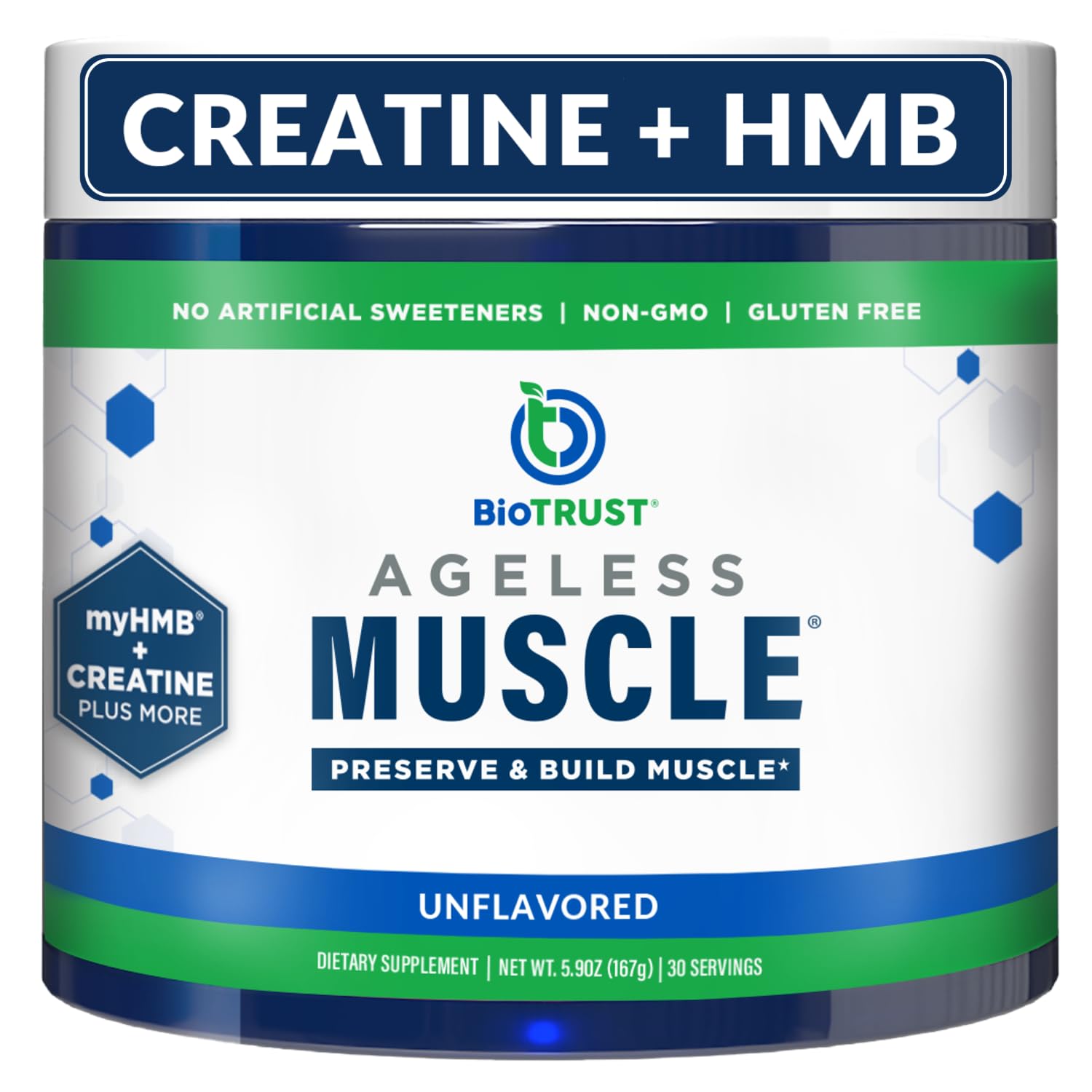BioTrust Ageless Muscle Builder bottle close-up for daily muscle support.
