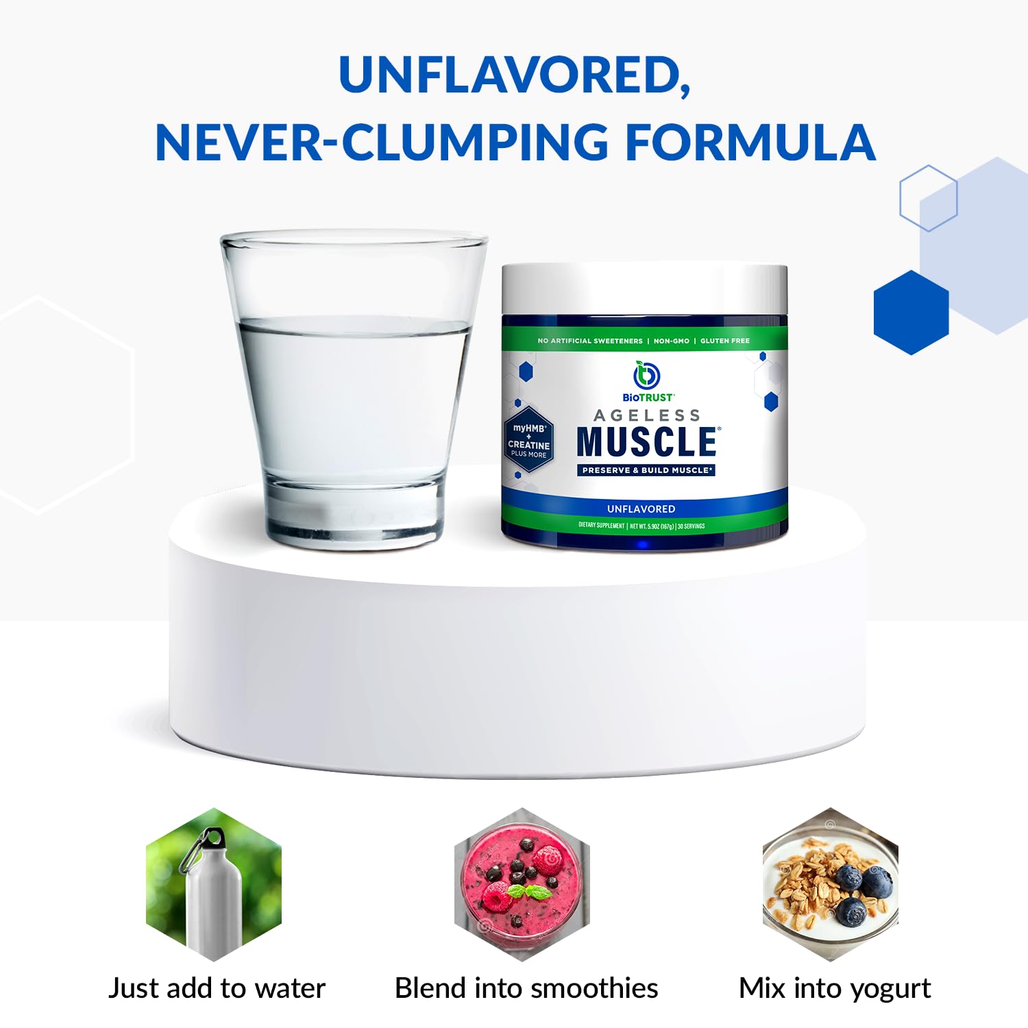 BioTrust Ageless Muscle Builder jar with lifestyle-friendly usage.