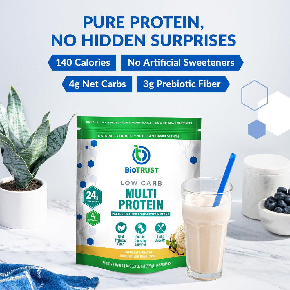 BioTrust casein micellar protein scoop highlights steady amino release for snacks.