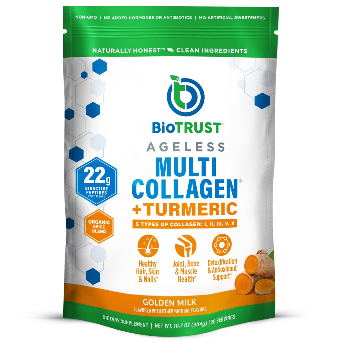 Biotrust Collagen Turmeric Golden Milk Powder supports healthy hair, skin, and joints.