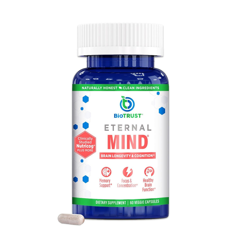BioTrust Eternal Mind bottle close-up suggesting enhanced focus for study sessions.