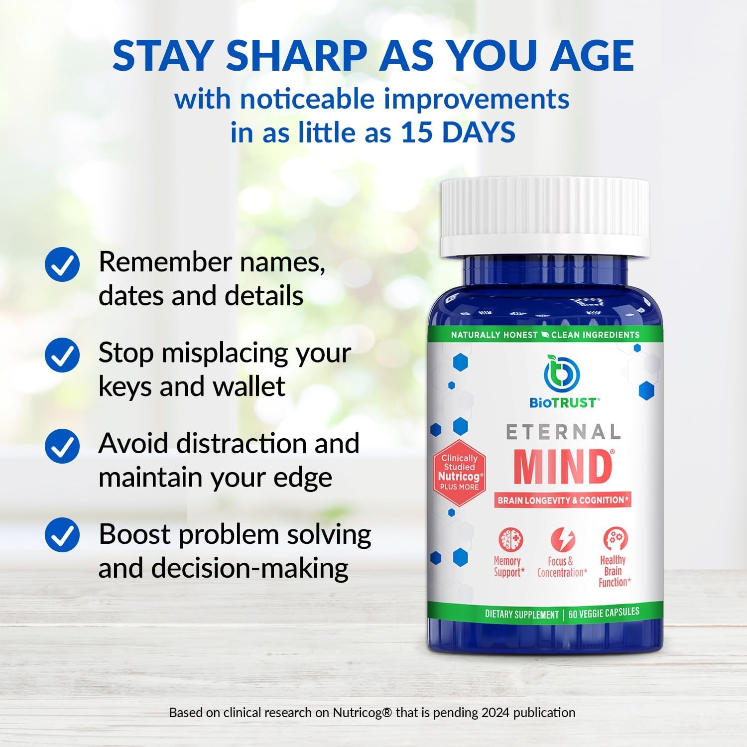 BioTrust Eternal Mind pour display illustrating simple dosing and convenient daily use.