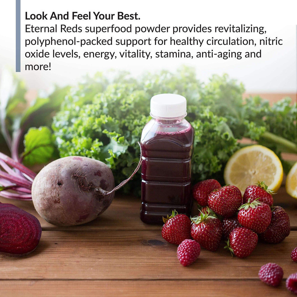Berries and Eternal Reds powder visual imply delicious naturally sweet flavor.